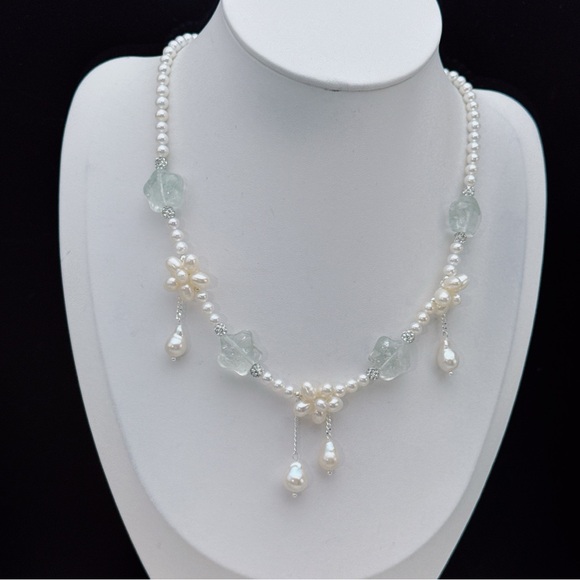 X543 Handmade Freshwater Baroque Pearl Fluorite Star Necklace - Picture 6 of 8